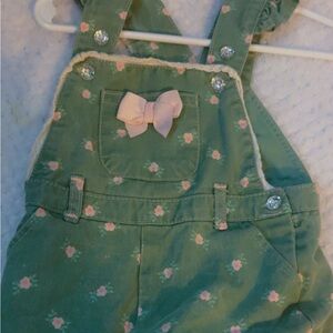 Green Floral Kids Overalls with Pink Bow